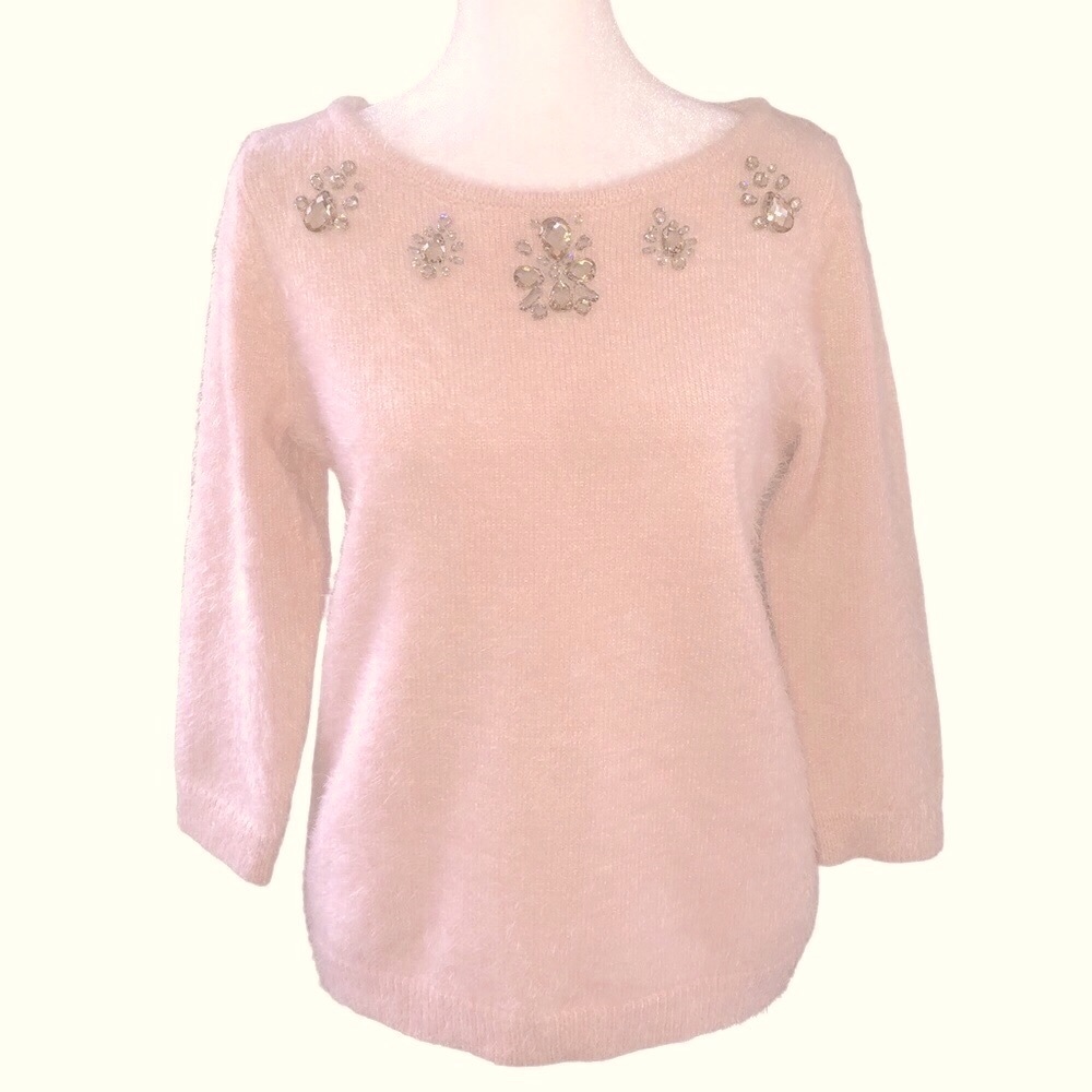 NY&Co Nylon Blend Crew Neck 3/4 Sleeve Fuzzy Pink Sweater Decorative Accent Sm